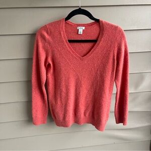 LL Bean Cashmere Sweater Small Coral V Neck Half Sleeve Fuzzy Colorful‎ Carrier
